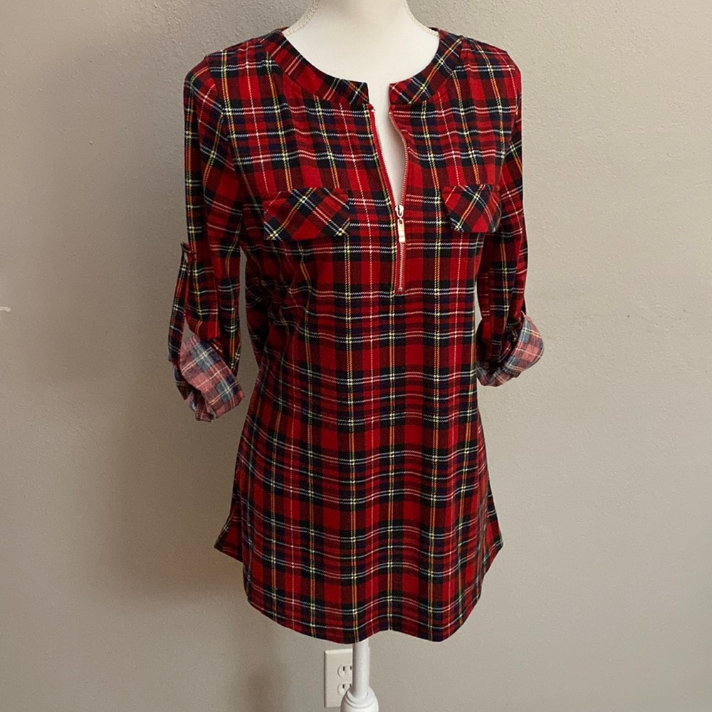 Plaid Quarter Zip Blouse